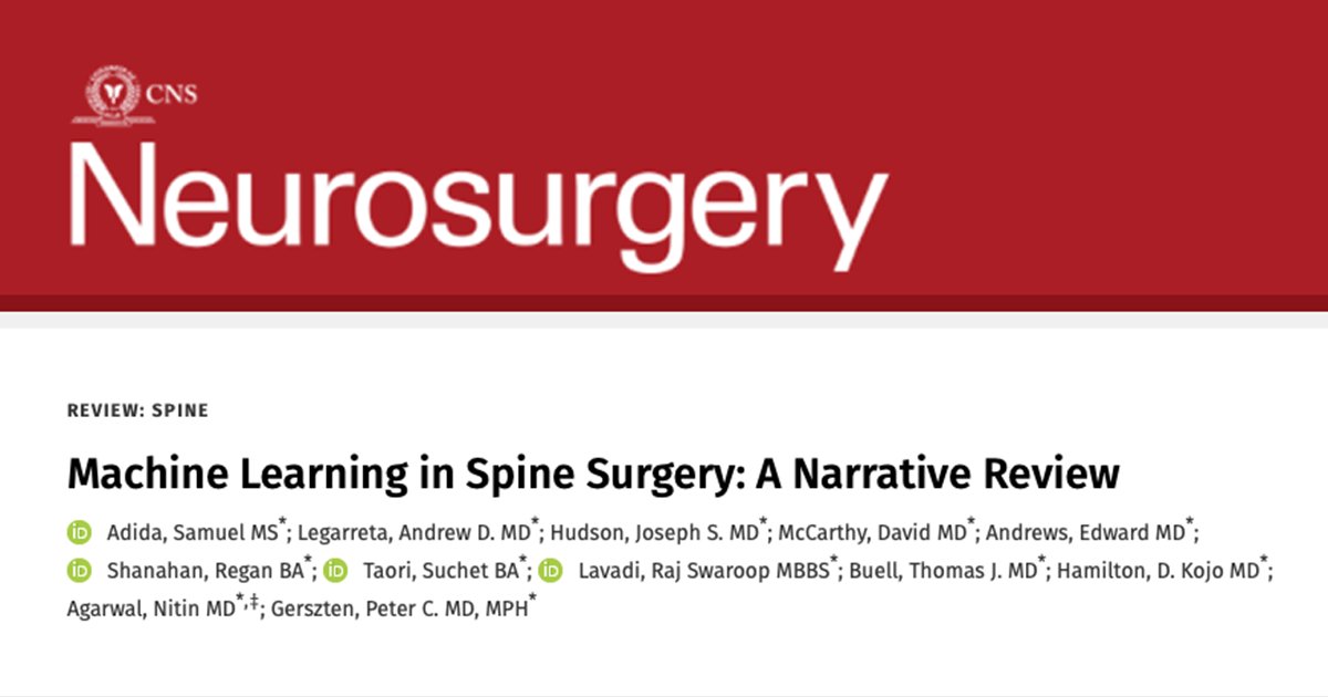 Review  discusses current applications of machine learning in the context of spine surgery, having ability to address many different clinical needs, and improving diagnostic and surgical techniques. bit.ly/3SvLC4G. <a href="/NitinAgarwalMD/">Nitin Agarwal, M.D.</a> <a href="/RajLavadi/">Raj Lavadi</a> <a href="/SamuelAdida/">Samuel Adida</a> <a href="/reganmshanahan/">Regan Shanahan</a>