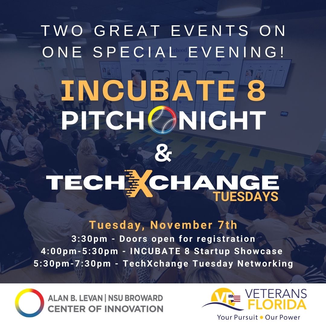 Incubate grads pitch tonight! Support our founders, celebrate our Veterans Florida partnership. Doors at 3:30 PM. RSVP for Super Tuesday! #PitchNight