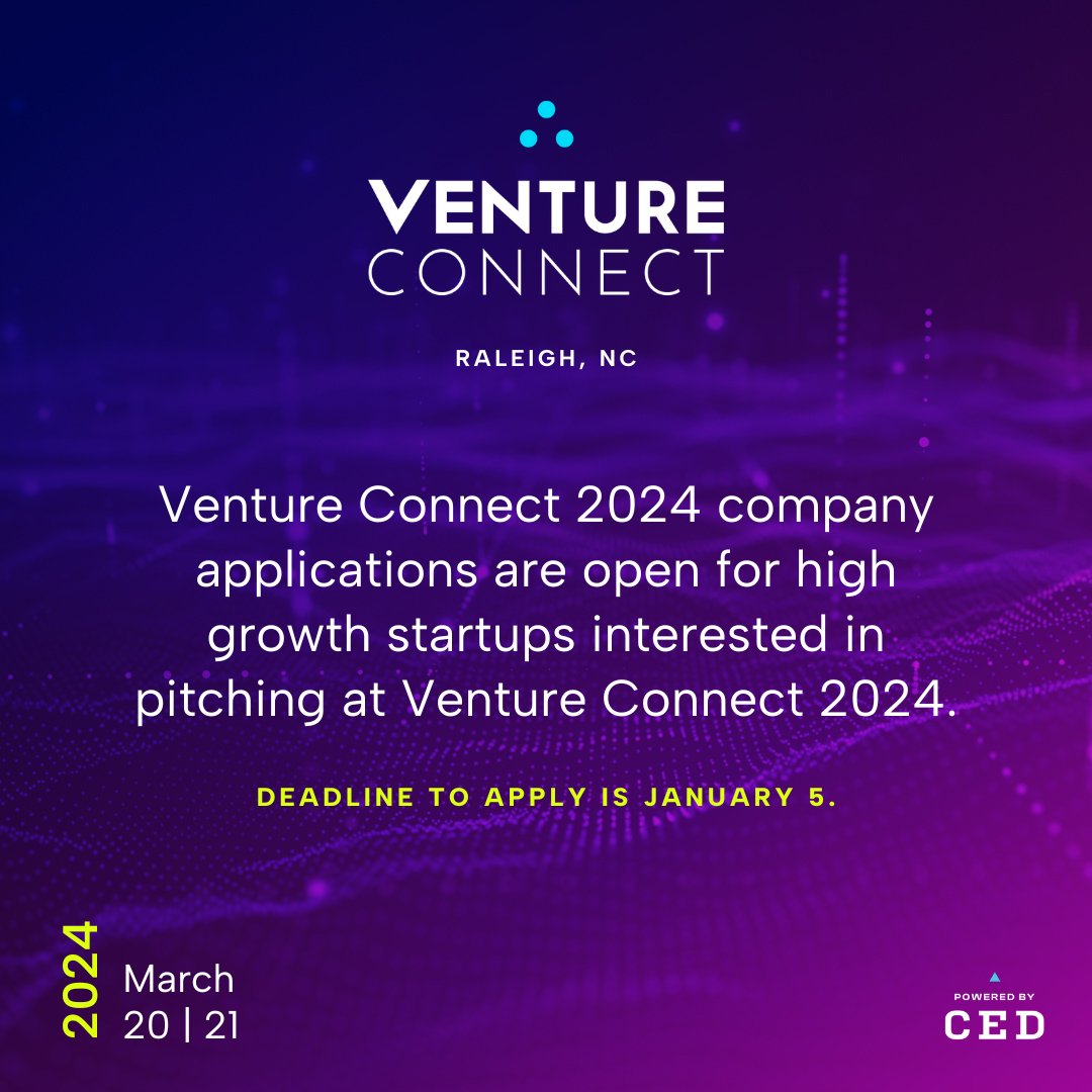 CEDNC's tweet image. COMPANY APPLICATIONS are open for high-growth startups interested in pitching at Venture Connect 2024 + taking the stage in front of investors, corporate partners + ecosystem resources.

Apply by 1/5: tfaforms.com/5090191

#tech #biotech #VC2024 #VentureConnect