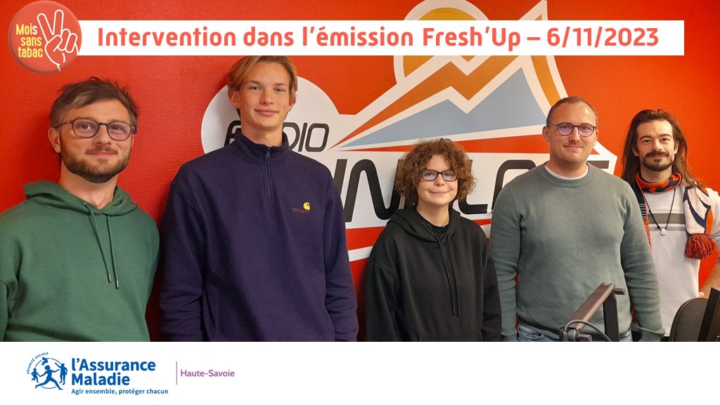 #MoisSansTabac🚭
Le 6 novembre, le service prévention de la <a href="/CPAM74/">CPAM Haute-Savoie</a> a participé à l’émission Fresh’Up de <a href="/SunAlpes/">SunAlpes</a> pour promouvoir <a href="/Mois_sans_tabac/">#MoisSansTabac</a> : 
🔹 dispositif Tabac Info Service
🔹 actions prévues sur le bassin annécien.

Replay du podcast 🔊 lnkd.in/e_y5p7xH