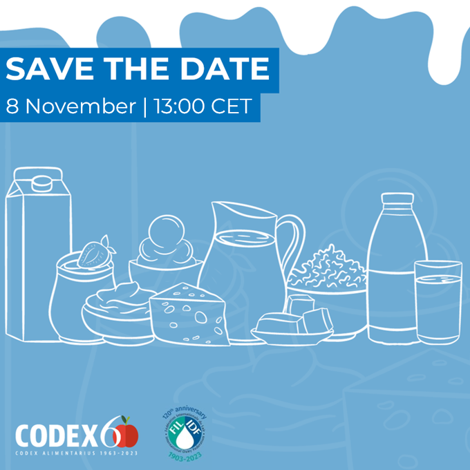 Codex Alimentarius (@faowhocodex) on Twitter photo 🗓️📌 | As part of the celebrations for the 120th anniversary of <a href="/FIL_IDF/">International Dairy Federation</a> & for #Codex60, the 2⃣ Secretariats organized the webinar “Case studies on the General Standard for the Use of Dairy Terms”.
🗓️ 8 November
🕗 13:00 CET
➕ℹ️➡️bit.ly/3MwUToW
#FoodSafety 🗓️📌 | As part of the celebrations for the 120th anniversary of <a href="/FIL_IDF/">International Dairy Federation</a> & for #Codex60, the 2⃣ Secretariats organized the webinar “Case studies on the General Standard for the Use of Dairy Terms”.
🗓️ 8 November
🕗 13:00 CET
➕ℹ️➡️bit.ly/3MwUToW
#FoodSafety