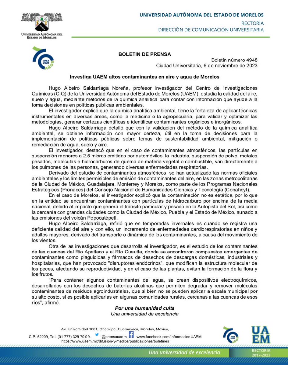 CIQUAEM's tweet photo. #BOLETIN 
#MuyInteresante
#ConoceMas 
Dr. Hugo Albeiro Saldarriaga Noreña #Investigador del #CIQ analiza altos contaminantes en aire y agua de Morelos. https://t.co/XbuY1A8JKM
#OrgulloCIQ
#UAEM https://t.co/kR3TrraqAy