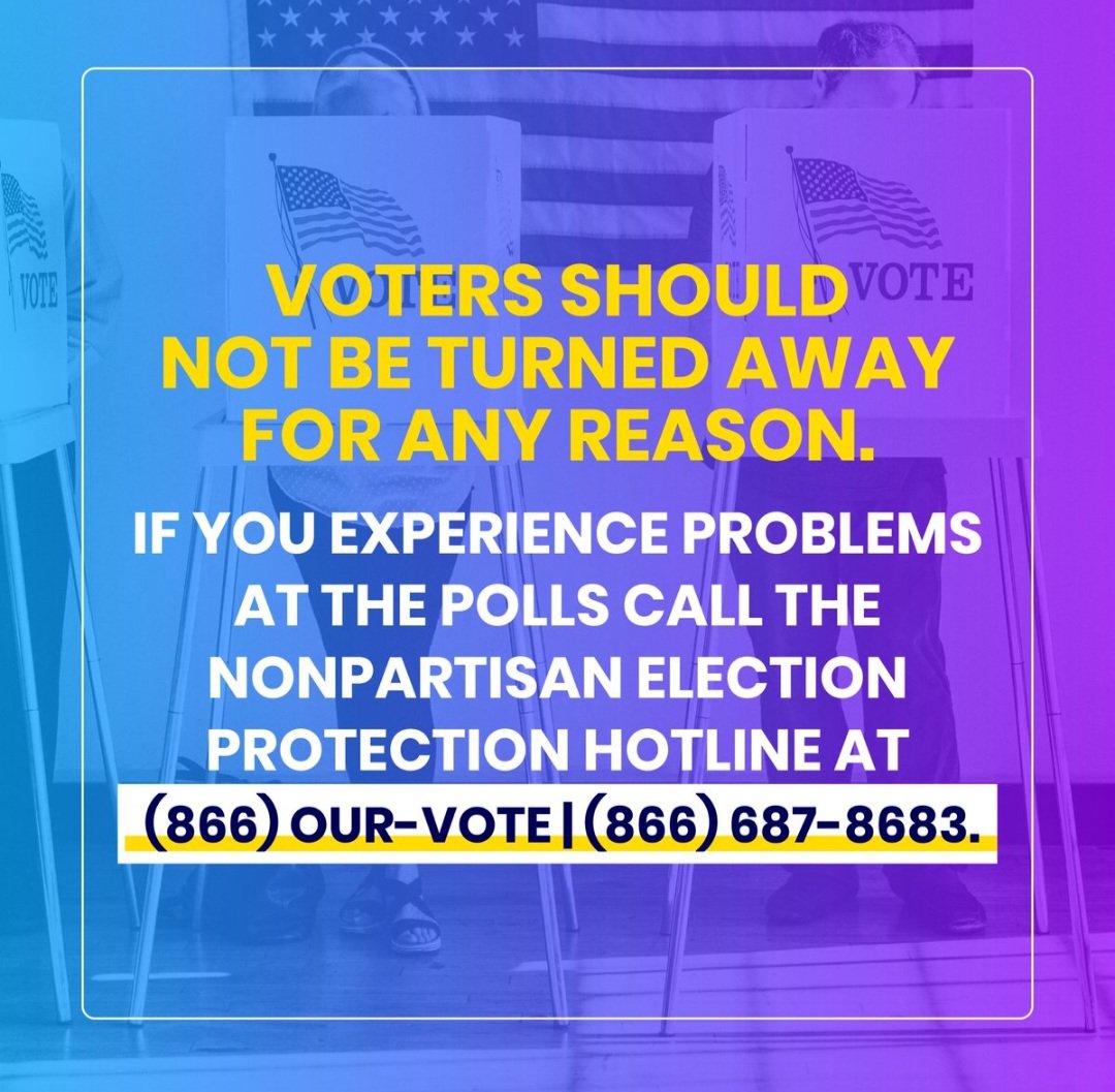 Voting is not just a Right, it is a Responsibility! Get out & Vote Today! #DefendDemocracy
Call 866-OUR-VOTE (866-687-8683) with any voting questions or issues today. Trained, non-partisan #ElectionProtection volunteers are on standby, ready to help you vote. #VoteBlue2023