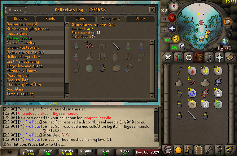 Hallowed_RS's tweet photo. What in the ironman is going on here....??
The HAT Son had been experiencing some better than usual RNG on the new HCIM.
18KC Dragon Axe from Wintertodt
15KC/32 Search Needle from GOTR
Account is off to a great start! Now just don't die...
#osrs #altAccount #HCIM #ironLuck https://t.co/MkMVERdmvG