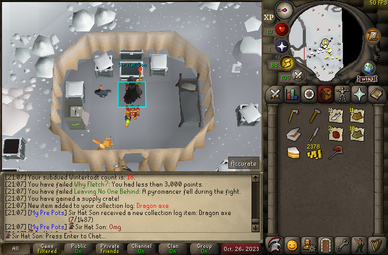 Hallowed_RS's tweet photo. What in the ironman is going on here....??
The HAT Son had been experiencing some better than usual RNG on the new HCIM.
18KC Dragon Axe from Wintertodt
15KC/32 Search Needle from GOTR
Account is off to a great start! Now just don't die...
#osrs #altAccount #HCIM #ironLuck https://t.co/MkMVERdmvG