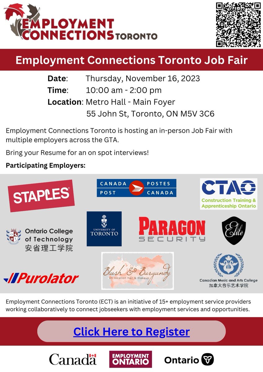 TCES1's tweet image. #TCES in partnership with #EmploymentConnectionsToronto is hosting a job fair at #metrohall #Toronto on Nov 16 from 10am-2pm
To register visit ow.ly/e53x50Q51Y6
