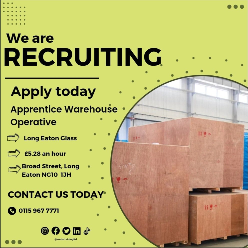 Long Eaton Glass Ltd, a small family-run business, are currently hiring for a warehouse operative apprentice. If you're interested, comment down below or get in touch with us🤗❤️
