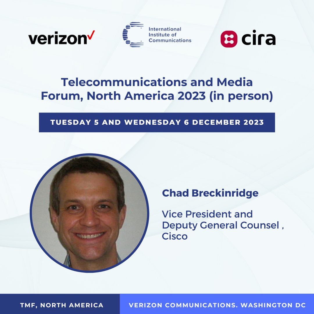 The IIC will return to Washington DC for our annual Telecommunications and Media Forum (TMF) in December 2023, kindly hosted by <a href="/Verizon/">Verizon</a>. The event is also sponsored by <a href="/ciranews/">CIRA 🇨🇦</a>.

Find out more: bit.ly/3FOMIko