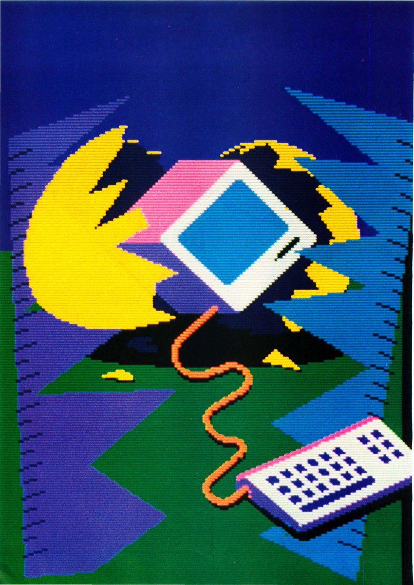gingerbeardman's tweet photo. Beautiful pixel artwork by Barbara Nessim in the September 1984 (Vol 9, No 10) issue of BYTE magazine. Drawn using Norpak videotex (NAPLPS) system, running on a PDP-11/03. This offered 6 drawing modes (arc, rectangle, circle, line, dot and polygon) and 12 colours + black &amp; white. https://t.co/4P5KOyOkyP