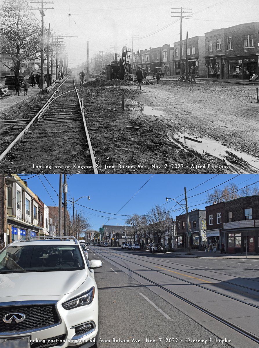 Looking east on Kingston Rd. from Balsam Ave., Toronto, in photos taken 100 years apart #OnThisDay.

Nov 7, 1922 📸: Alfred Pearson / @TorontoArchives
Nov 7, 2022 📸: Me 

#OTD #1920s #thenandnow #kingstonroad #streetcar #history #tdot #the6ix #toronto #canada #hopkindesign