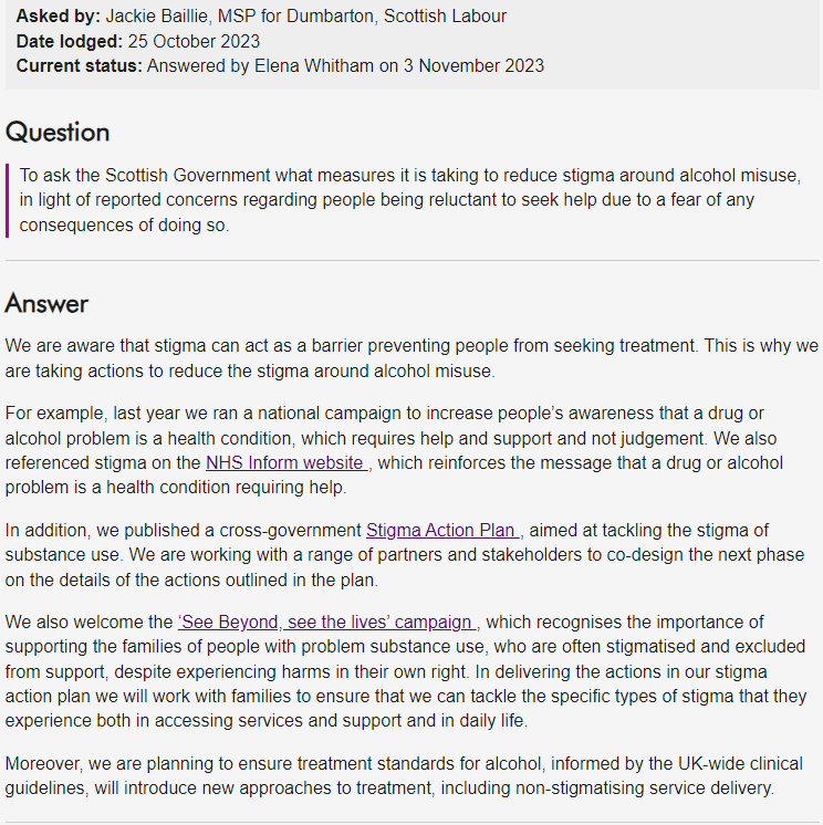 🏴󠁧󠁢󠁳󠁣󠁴󠁿 See the questions and answers by the Scottish Parliament related to #AlcoholDependence 

@ElenaWhitham MSP mentioned the #SeeBeyondScotland campaign as a tool to reduce stigma around alcohol harms in Scotland. 

See the questions and answers here: parliament.scot/chamber-and-co… ,…