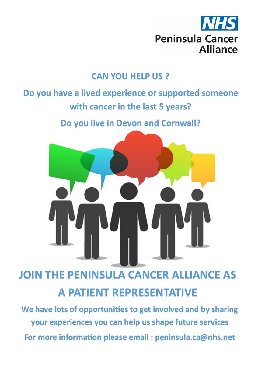 Peninsula Cancer Alliance (@peninsulacancer) on Twitter photo Join us a Patient/Carer Representative and help us to shape future services across the Peninsula!
<a href="/MustardTreePlym/">Mustard Tree Macmillan Cancer Support</a> <a href="/CoveMacmillan/">The Cove Macmillan Support Centre</a> <a href="/MySunriseApp/">MySunrise Cancer Companion</a> <a href="/forcecancer/">FORCE Cancer Charity</a>
@overandaboveNHS <a href="/TorbaySDevonNHS/">Torbay and South Devon NHS Foundation Trust</a> <a href="/UHP_NHS/">University Hospitals Plymouth NHS Trust</a> <a href="/RoyalDevonNHS/">Royal Devon NHS</a> Join us a Patient/Carer Representative and help us to shape future services across the Peninsula!
<a href="/MustardTreePlym/">Mustard Tree Macmillan Cancer Support</a> <a href="/CoveMacmillan/">The Cove Macmillan Support Centre</a> <a href="/MySunriseApp/">MySunrise Cancer Companion</a> <a href="/forcecancer/">FORCE Cancer Charity</a>
@overandaboveNHS <a href="/TorbaySDevonNHS/">Torbay and South Devon NHS Foundation Trust</a> <a href="/UHP_NHS/">University Hospitals Plymouth NHS Trust</a> <a href="/RoyalDevonNHS/">Royal Devon NHS</a>