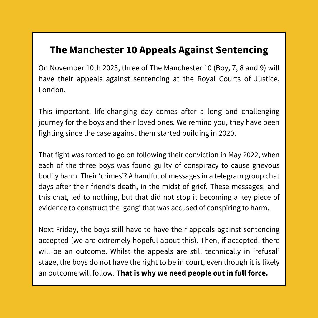 💥CALL OUT FOR LDN SUPPORT FOR THE MCR 10 THIS WEEK💥

WEDS 8TH NOV: 6.30-8pm Well Space E9 6RG, for banner making 

FRI 10TH NOV: from 9am outside the Royal Courts of Justice to support the loved ones of 3 of the MCR 10 in their sentencing appeal