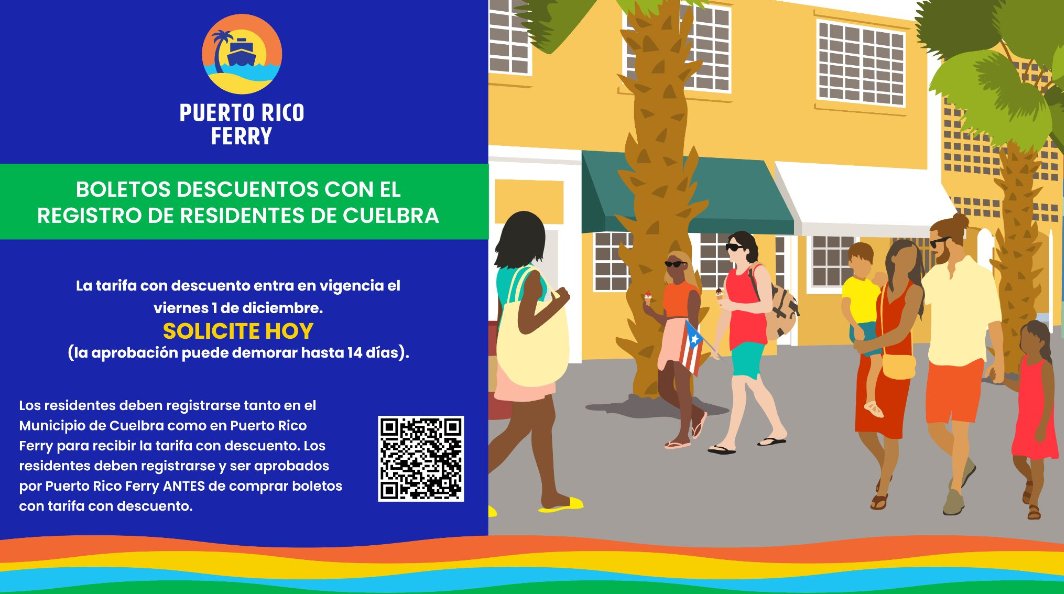 Regístrate en el Municipio de Culebra y Puerto Rico Ferry para unirte al programa, recibe un certificado de comprobante y disfruta de boletos de adultos y niños con tarifa reducida. Puede registrarse en línea o en la boletería de Puerto Rico Ferry.
puertoricoferry.com/en/culebra-res…