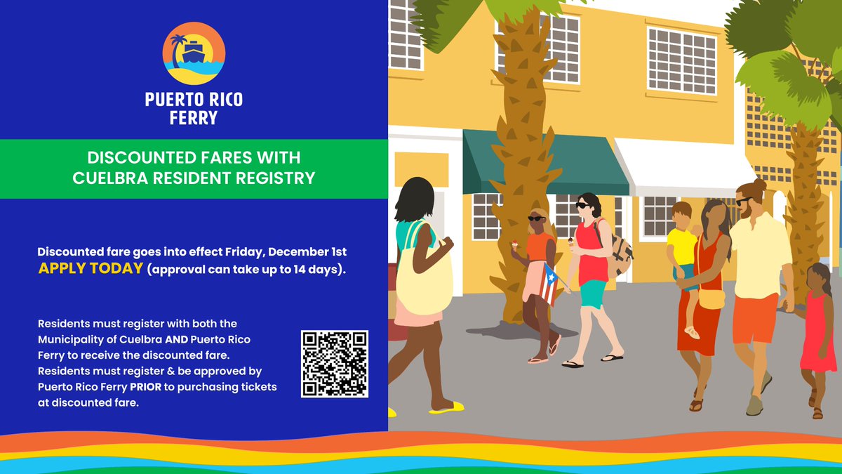 Register with the Municipality of Culebra &amp; Puerto Rico Ferry to join the program, receive a certificate of proof, and enjoy reduced-fare adult and children's tickets. You can register online or in person at a Puerto Rico Ferry office.
puertoricoferry.com/en/culebra-res…