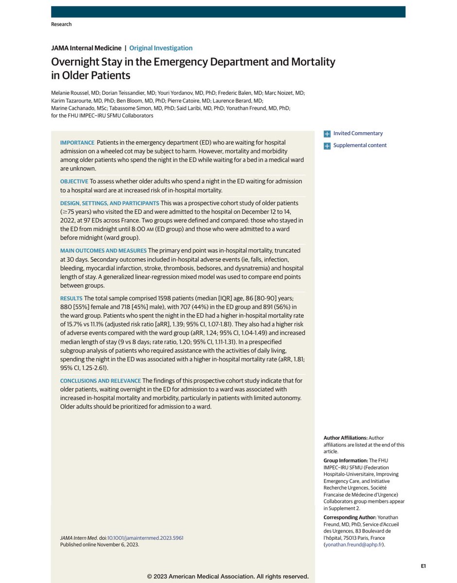OrlandoRPN's tweet image. Los viejitos 👴🏼👵🏼👨🏽‍🦳🧓🏾 que pasan la noche en Urgencias tienen más riesgo de:
-Muerte 💀,
-caídas
-infecciones intrahospitalarias 🦠
Los autores sugieren que se debe priorizar su admisión a los pisos de hospitalización. 

jamanetwork.com/journals/jamai…