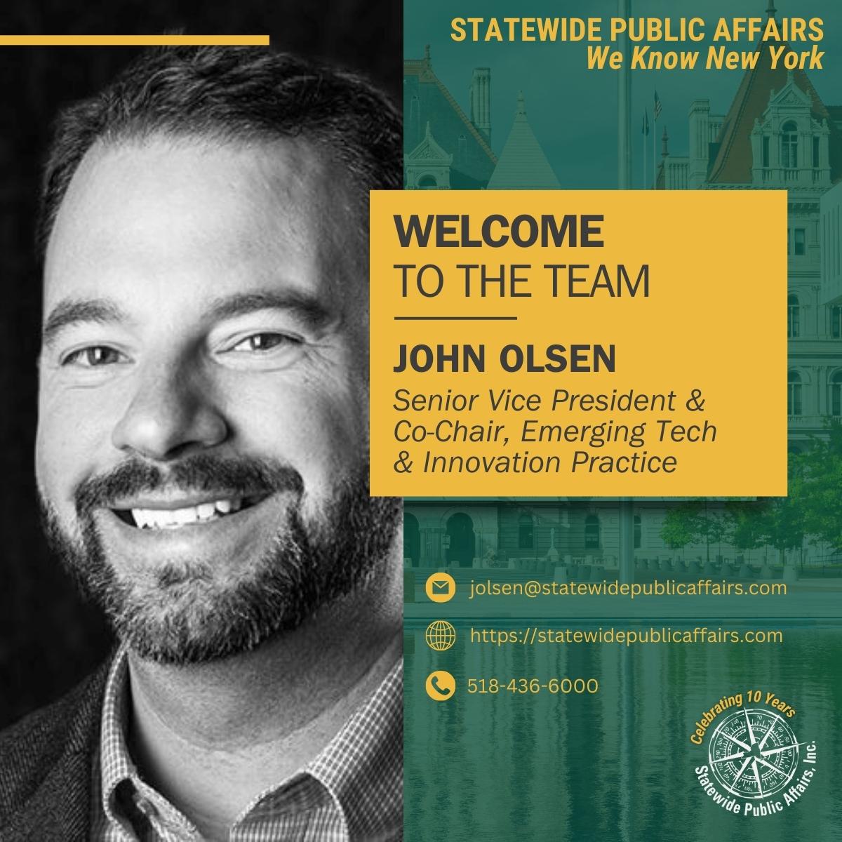 📢We're excited to announce that John Olsen is joining the @StatewidePA team as SVP and Co-Chair of a new Emerging Technology & Innovation practice within the firm. 

#Technology #privacy #artificialintelligencetechnology #governmentaffairs