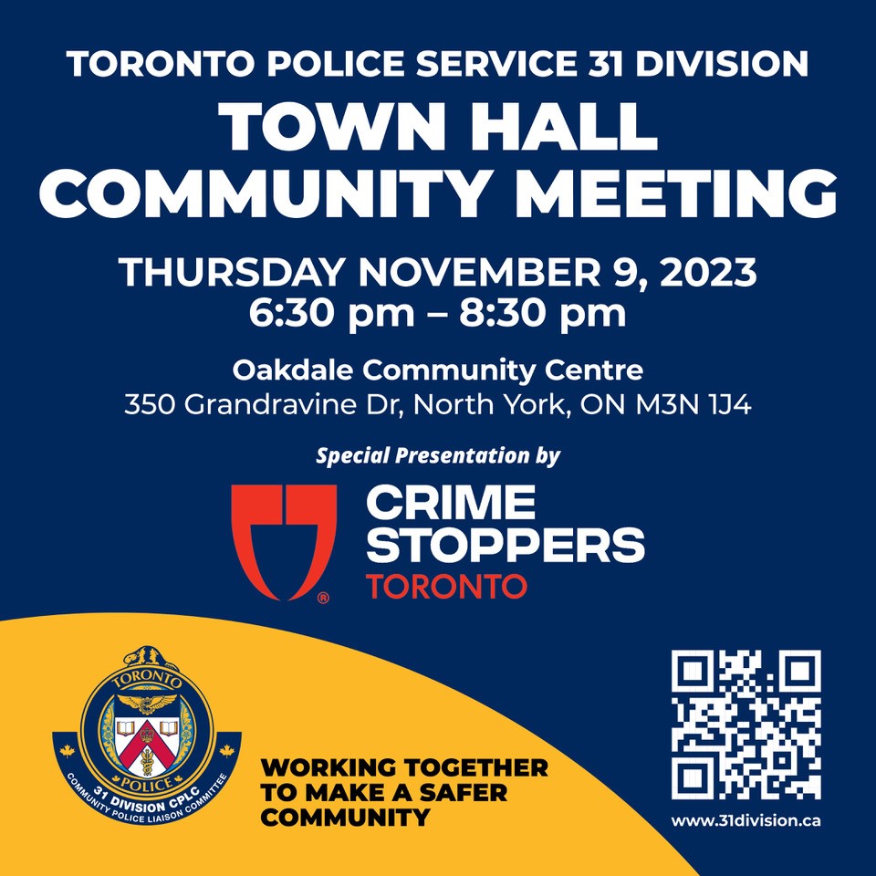 Tomorrow night is the night! Our next Community Police Liaison Committee Town Hall is November 9th at 6:30pm at the Oakdale Community Centre. Special Presentation by @Toronto Crime Stoppers All are welcome!