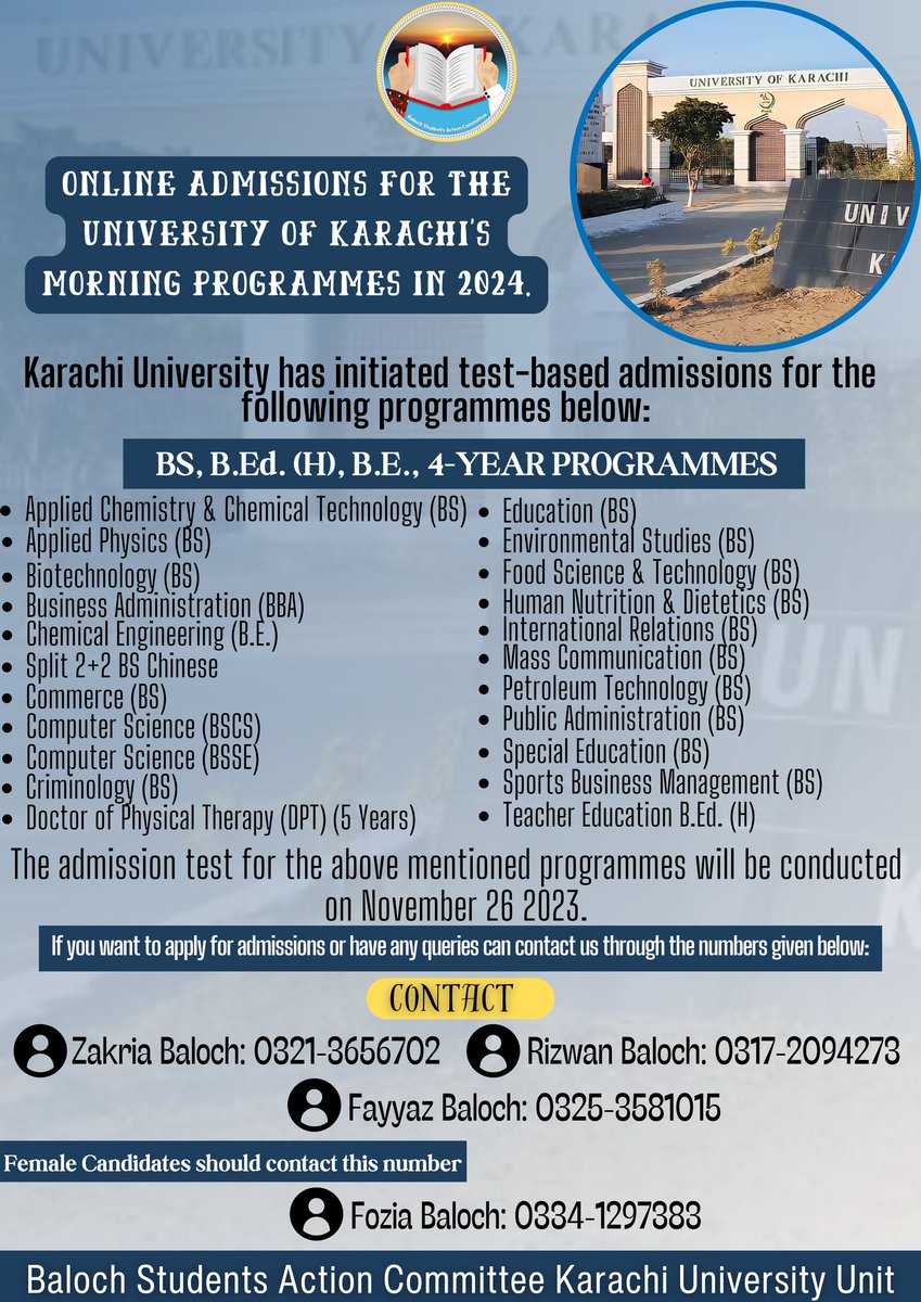 Online Admissions for the University of Karachi's morning programmes in 2024.

Karachi University has initiated test-based admissions for the following programmes below: 
BS, B.Ed. (H), B.E., 4-YEAR PROGRAMMES