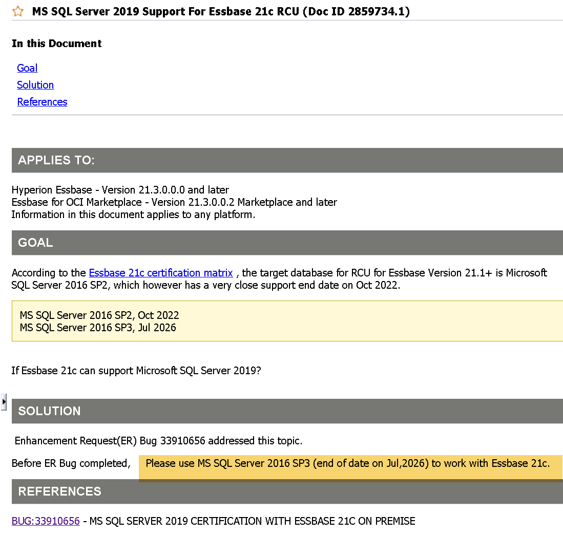 HyperionInfra's tweet photo. If you are currently using a combination of SQL Server 2016 and EPM 11.2.14 with Essbase, and plan to update to 11.2.15, Make sure your SQL Server 2016 is updated to SP3, or you will receive errors during the RCU creation for Essbase. This pertains to all 11.2.x versions. https://t.co/ZadOyvwixp
