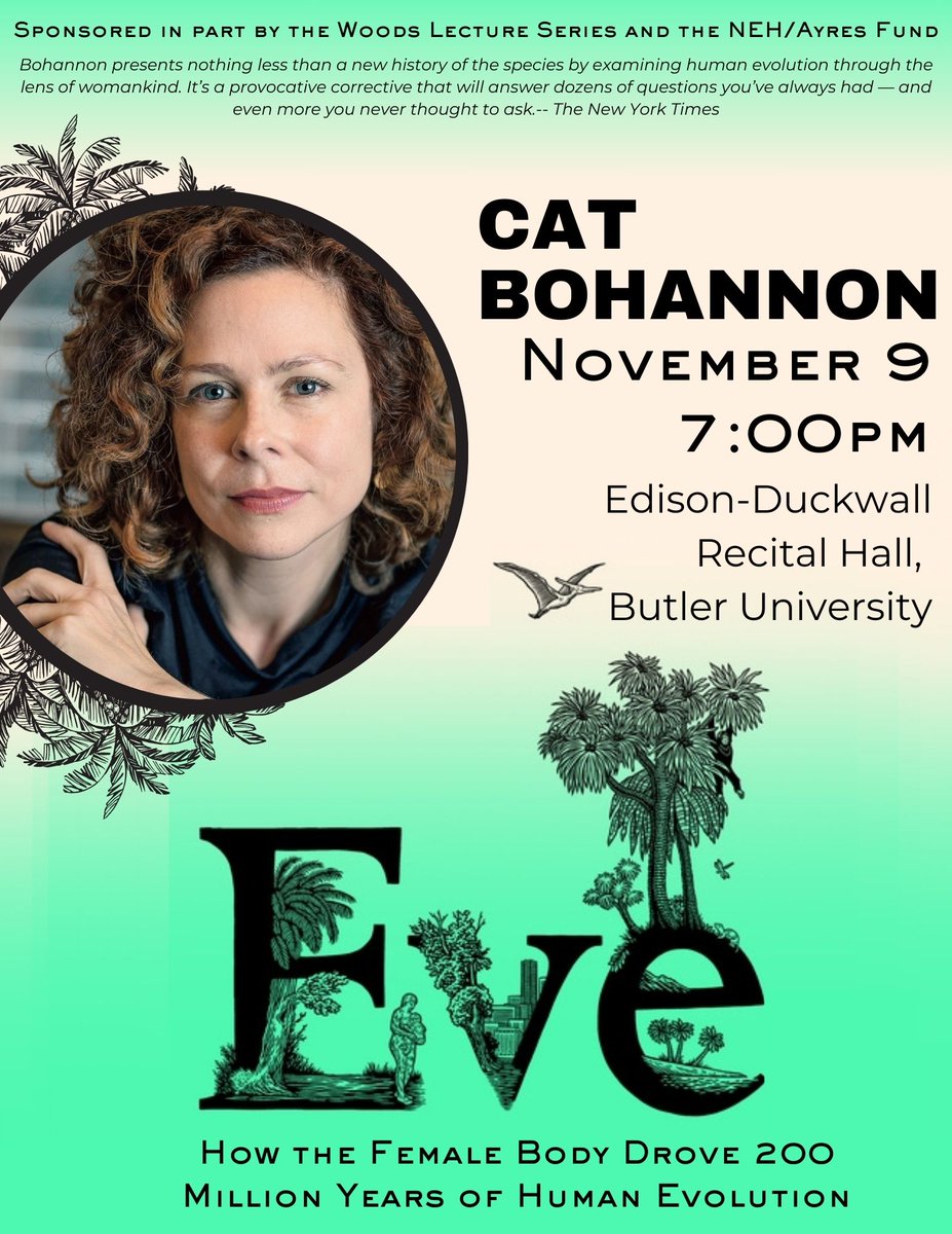 Author Cat Bohannon will be at Butler this Thursday speaking about her new best selling book "Eve". Join us!