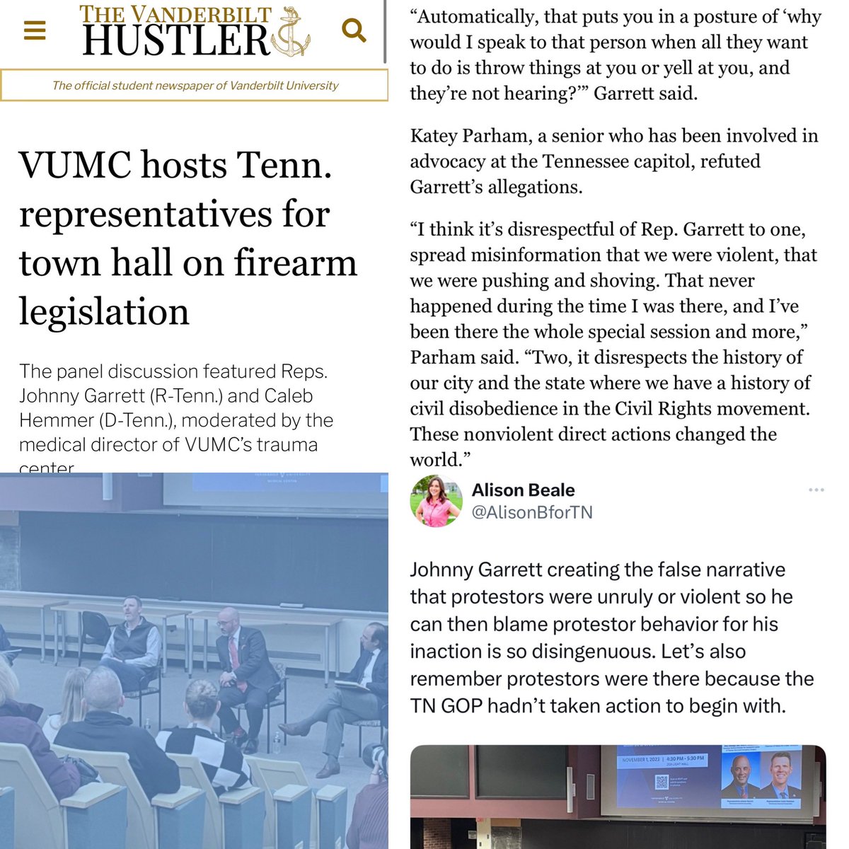TheTNHoller's tweet image. As @AlisonBforTN points out — Vandy student @kepkjp was right to call out Rep. @JohnnyGarrett4 for disingenuously blaming Republican inaction on gun safety at the special session on protestors, lying about them being violent/unruly. That is false. vanderbilthustler.com/2023/11/05/vum…