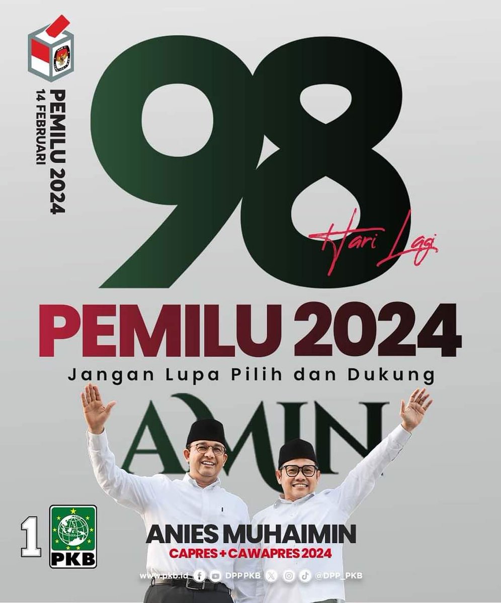 Hitung mundur Pemilu serentak 2024 🗳️

Kakak - Kakak, Ayo gunakan hak pilih kalian pada 14 Februari 2024.

Bersama kita wujudkan pemilu yang netral, sehat dan berintegritas. 

Salam Perubahan!
——
#gusimin
#aminajadulu
#aniesmuhaimin