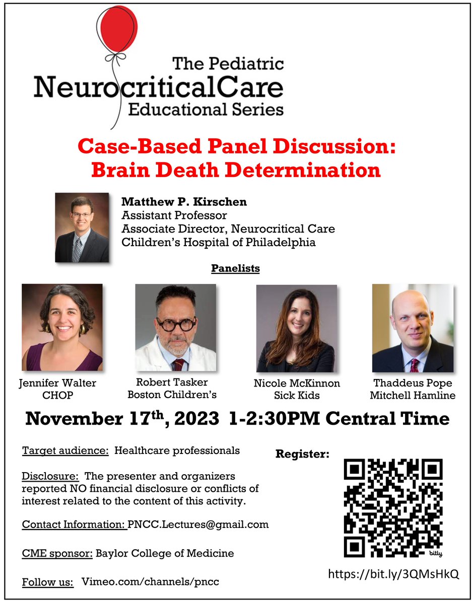 🌟#NeuroPICU Education Series🌟 📔2023 Brain Death Determination Guidelines: A Case Discussion with Clinical, Legal, and Ethics Experts With @RobertCTasker added to the panel Please note, new date:🗓️Nov 17th, 1-2:30P CST ✅Register: bit.ly/3QMsHkQ #PedsICU RT!📷❤️🤩