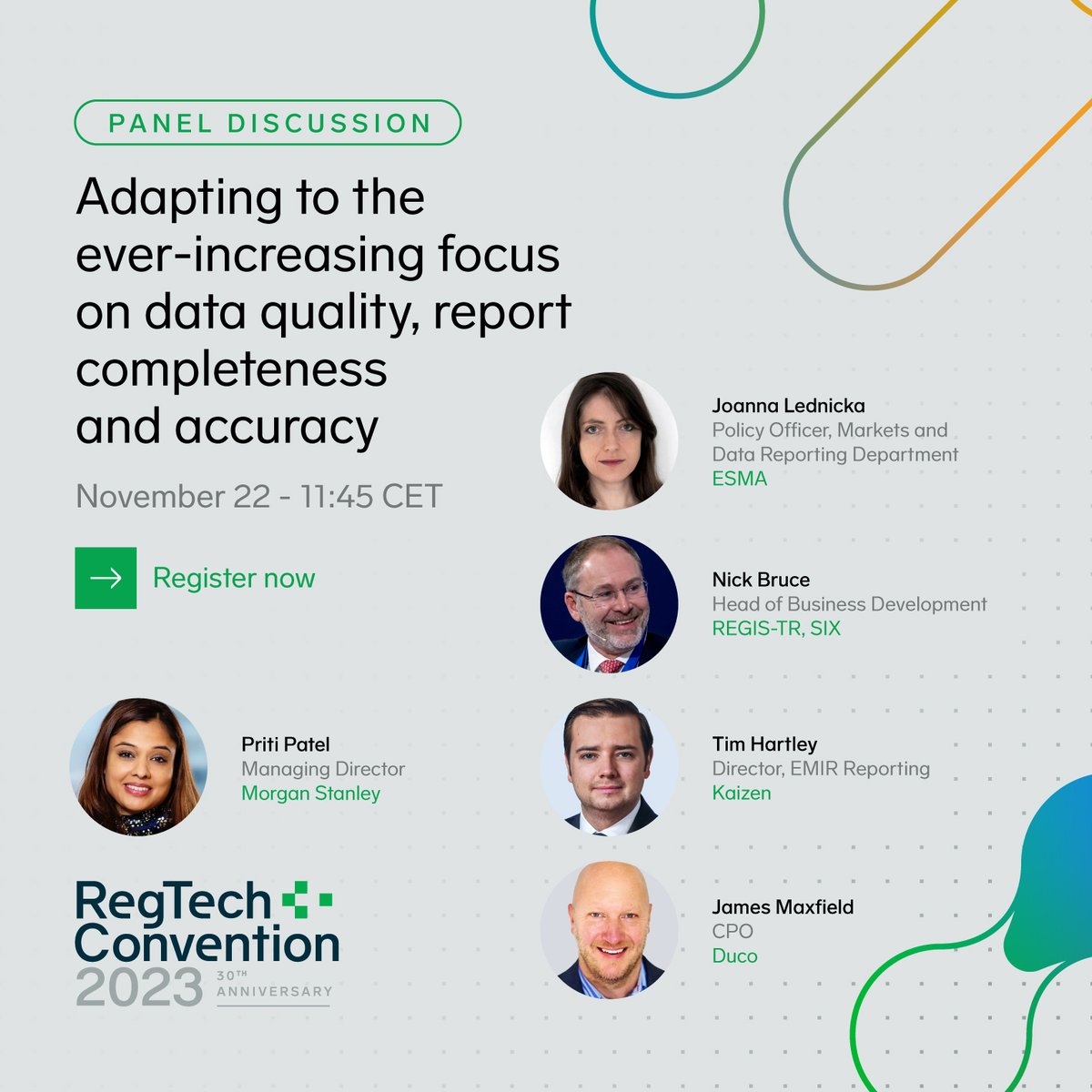 Join our transaction reporting panel at the #RegTechCon to learn more about the challenges around #EMIRRefit, its impact on operational models, and what other regulatory challenges may be on the horizon.

➡️ Register: hubs.la/Q0281YHX0