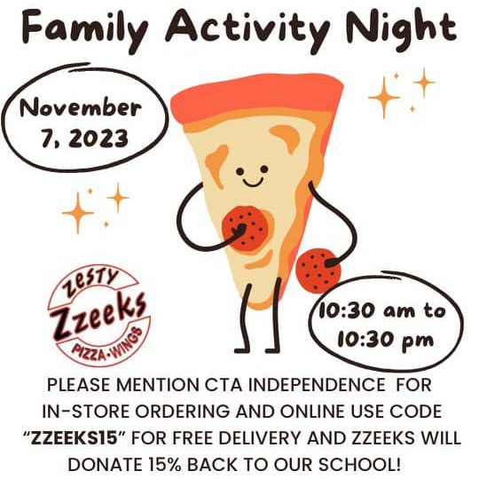 🍕🍕🍕Happy Tuesday Hawks! 🍕🍕 🍕 TODAY is our PTO Dine Out Night and Family Activity Night at Zzeeks Pizza (4050 S. Arizona Avenue). Don’t forget to mention CTA Independence or use the code 'ZZEEKES15' for online ordering and free delivery! #ctahawks #ctapto