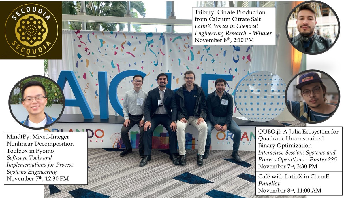 David Bernal (@bernalde) on Twitter photo We are at #AIChE2023 and have 2 talks, a poster and a panel!
Zedong Peng presents #MindtPy in the #PSE software session, Andres Cabeza talks on Tributyl Citrate process design (best work #LatinXinChemE), Pedro Xavier has a QUBO.jl poster and a panel for <a href="/LatinXinChE/">LatinX in ChE</a> ☕
🌲 ⚛ 🌐 We are at #AIChE2023 and have 2 talks, a poster and a panel!
Zedong Peng presents #MindtPy in the #PSE software session, Andres Cabeza talks on Tributyl Citrate process design (best work #LatinXinChemE), Pedro Xavier has a QUBO.jl poster and a panel for <a href="/LatinXinChE/">LatinX in ChE</a> ☕
🌲 ⚛ 🌐