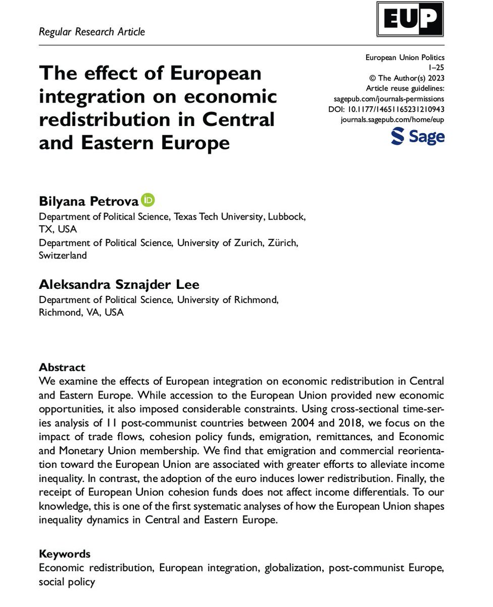 New paper with Aleksandra Sznajder Lee on the effect of EU integration on economic redistribution in post-communist Europe. Has EU accession affected the degree to which new CEE member states alleviate income differentials through taxes and transfers? journals.sagepub.com/doi/10.1177/14…