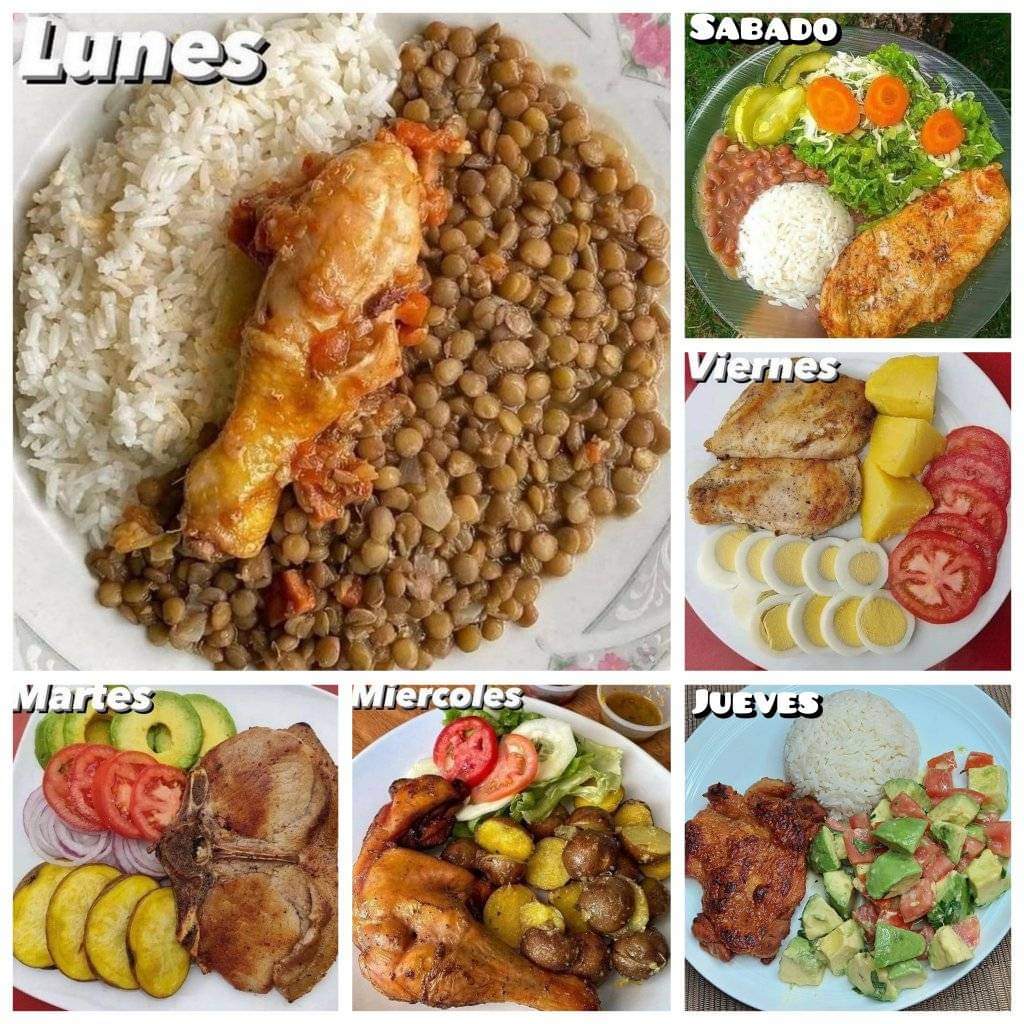 Menús para toda tu semana

Lunes
Pollo con tomate
Arroz
Lentejas

Martes
Chuleta
Aguacate
Verduras
Papas

Miércoles
Pollo
Papas horneadas
Verduras

Jueves
Ensalada de aguacate
Arroz
Carne guisada

Viernes
Huevos
Pechuga asada
Tomate
Camote

Sábado
Pechuga
Arroz
Frijol
Ensalada