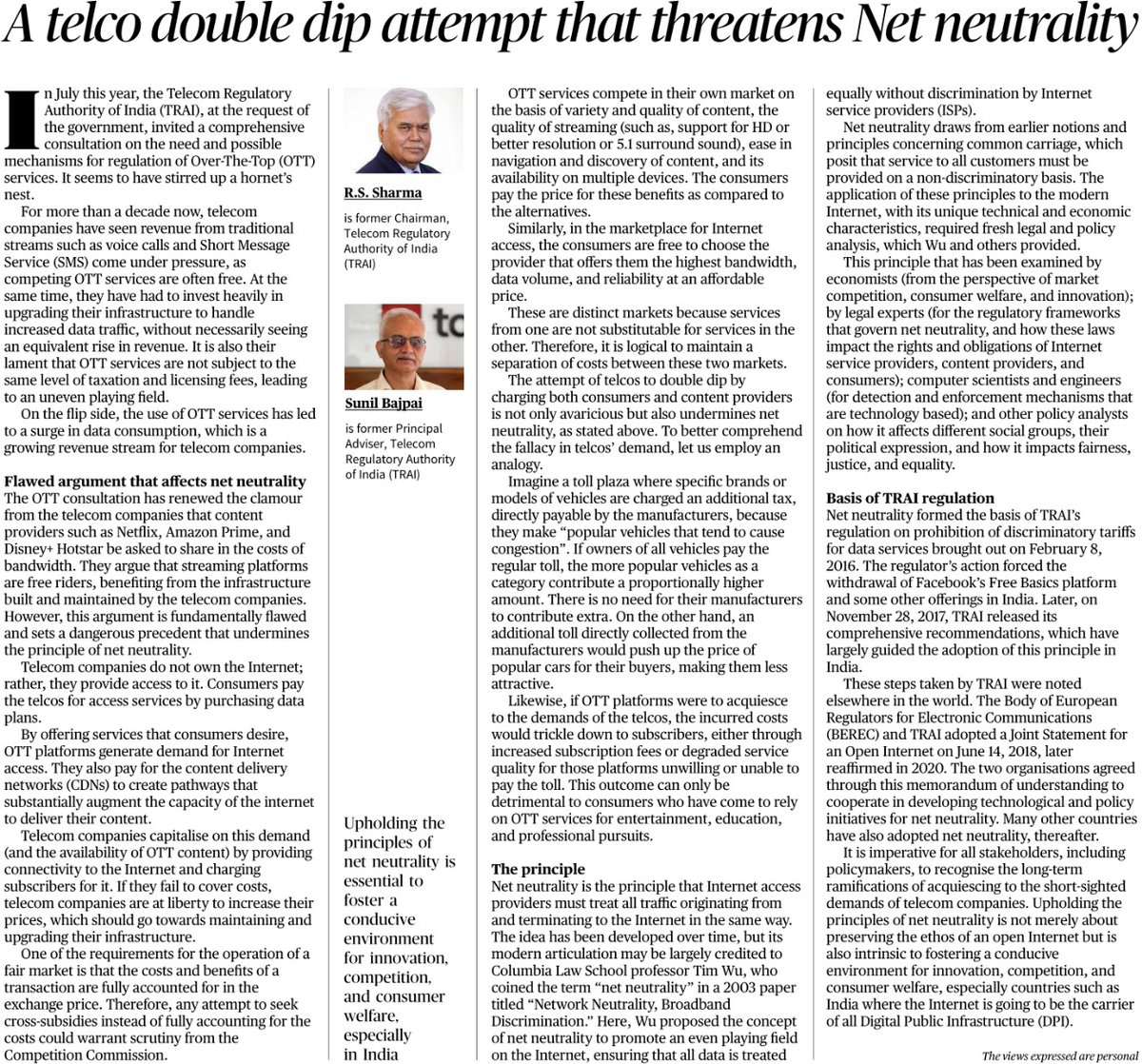 Very well argued; couldn't agree more. The argument that telecos should be paid by OTT service providers to invest in infrastructure is dubious. If telecos need greater funds for infrastructure, the costs should be recovered from the customers themselves. Payments by OTT…