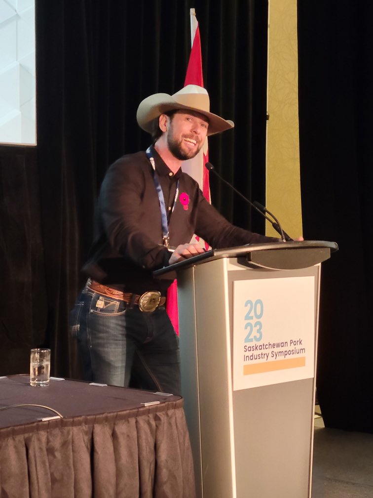 SaskPork's tweet photo. Our first keynote speaker of the day, @filipemasetti joins us to share his incredible story and the importance of agriculture and how he benefited from it on his journey. #SaskPorkSymposium https://t.co/t6ANiK42uc