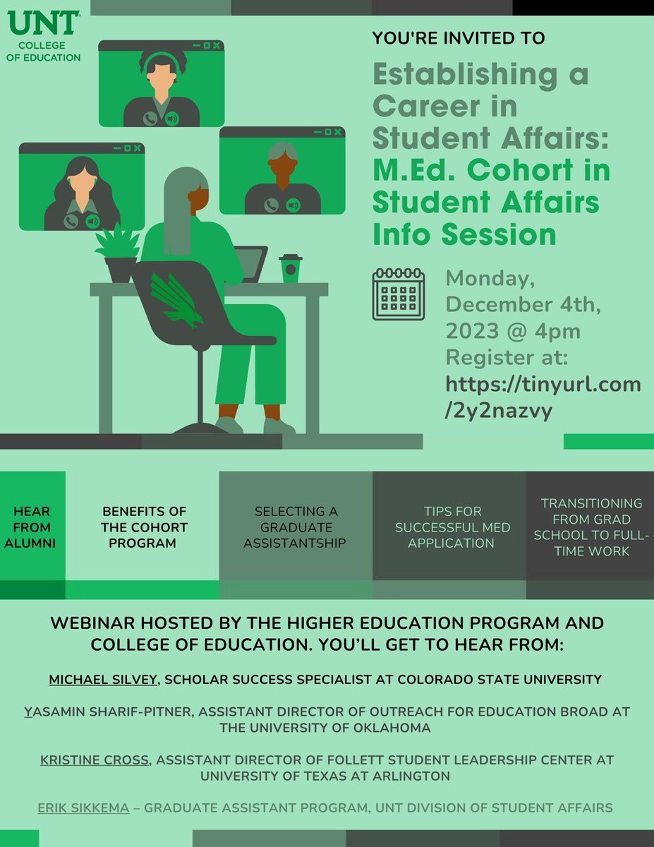 Join us on Monday, December 4, 2023, 4:00 PM - 5:00 PM CST for a webinar to learn more about the Higher Education M.Ed. Cohort in Student Affairs. Register here: unt.my.salesforce-sites.com/events/targetX…