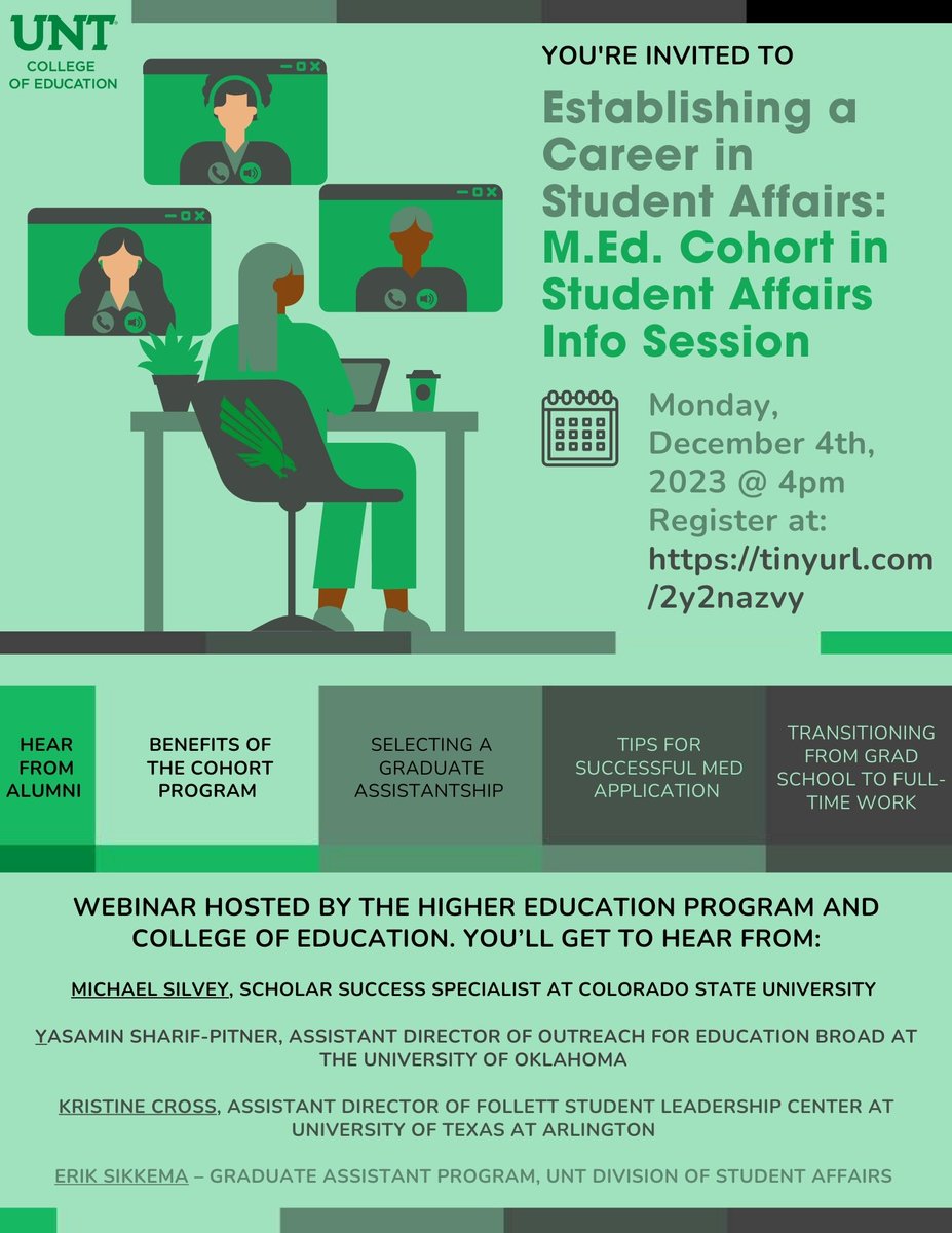 UNT College of Education (@unt_coe) on Twitter photo Join us on Monday, December 4, 2023, 4:00 PM - 5:00 PM CST for a webinar to learn more about the Higher Education M.Ed. Cohort in Student Affairs. 
Register here: unt.my.salesforce-sites.com/events/targetX… Join us on Monday, December 4, 2023, 4:00 PM - 5:00 PM CST for a webinar to learn more about the Higher Education M.Ed. Cohort in Student Affairs. 
Register here: unt.my.salesforce-sites.com/events/targetX…