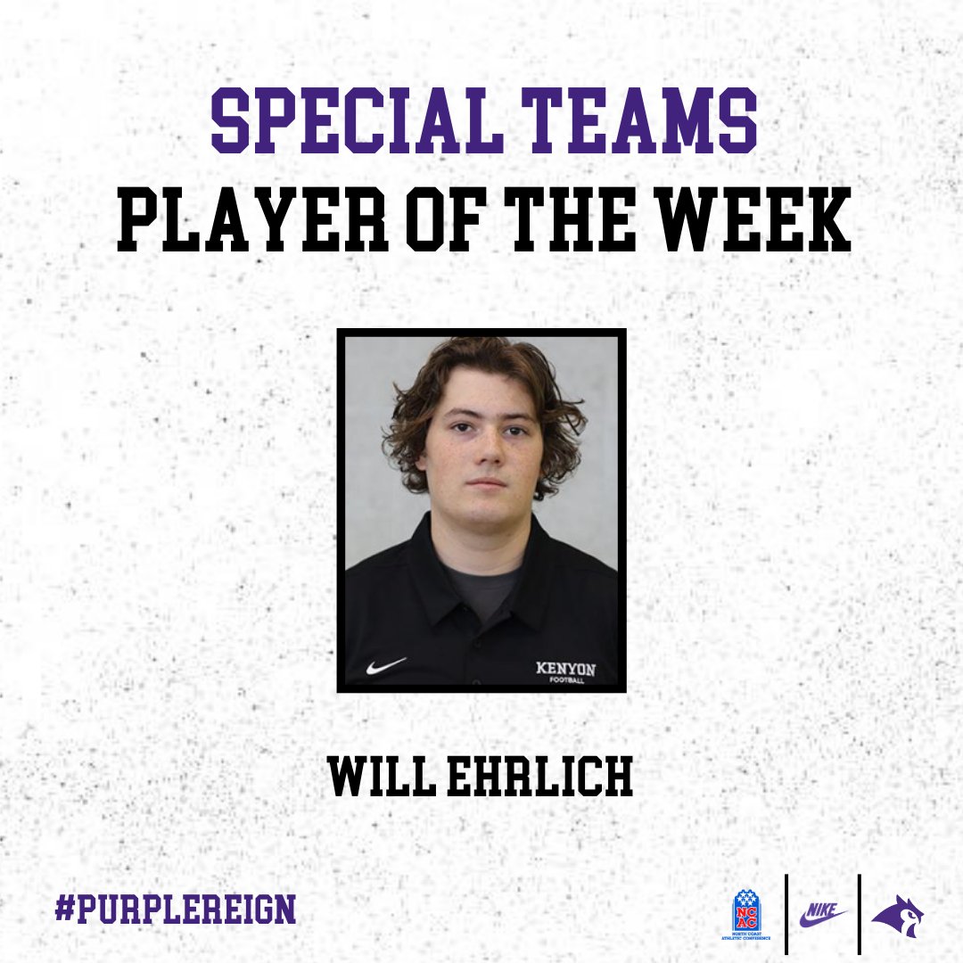 KenyonFootball's tweet photo. Special Teams Player of the Week vs Denison

Will Ehrlich

#PurpleReign 🟣🦉 https://t.co/ft8OCYYuVU