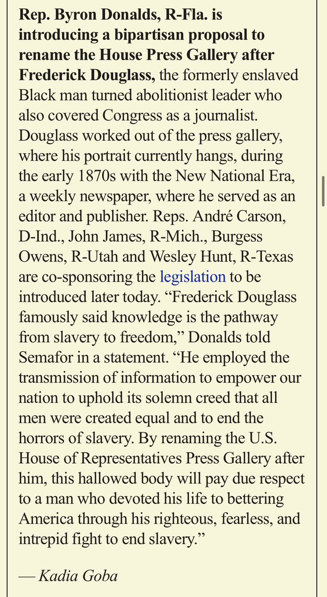 Renaming the House press gallery after Frederick Douglass is such a terrific idea — <a href="/kadiagoba/">Kadia Goba</a> exclusive today semafor.com/newsletter/11/…