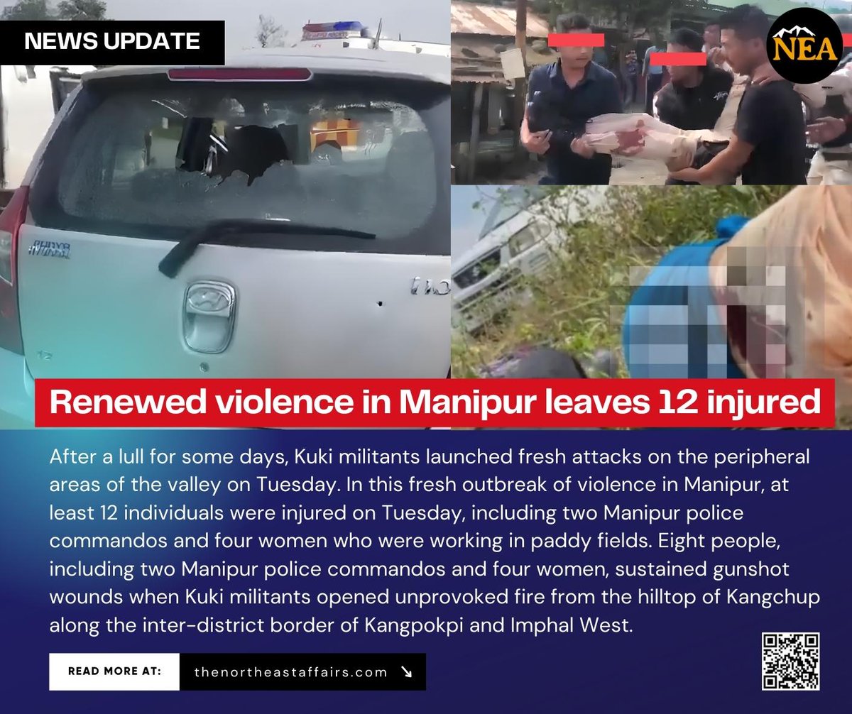 The_Angom's tweet photo. #BREAKING #KukiMilitants Attack Again!
#Manipur #ManipurFightsBack #ManipurUnrest 

After a lull for some days, Kuki militants launched fresh attacks on the peripheral areas of the valley on Tuesday. In this fresh outbreak of violence in Manipur, at least 12 individuals were injured on Tuesday, including two Manipur police commandos and four women who were working in paddy fields.

Eight people, including two Manipur police commandos and four women, sustained gunshot wounds when Kuki militants opened unprovoked fire from the hilltop of Kangchup along the inter-district border of Kangpokpi and Imphal West. The attack occurred at approximately 8:30 am.

In a separate incident, Kuki militants fired upon Kangangband and Koutruk villages in the Imphal West district, injuring two villagers around the same time.

Read Full Story: https://t.co/FjlHBQcYpN

#KukiAtrocities #Kuki_ZoNarcoterrorist #SaveManipur #Meitei