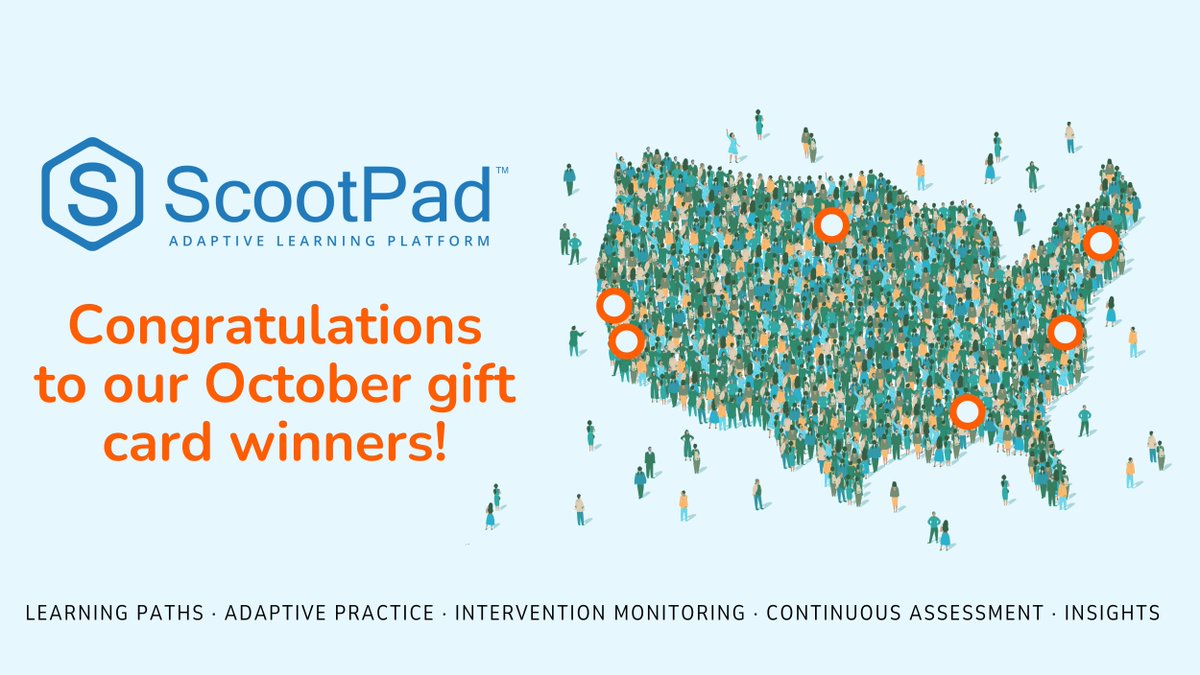 We're delighted to have so many new and returning teachers join the #ScootPad family! Congratulations to our Amazon gift card winners! ScootPad.com
#adaptivelearning #ITeachELA #ITeachMath #PersonalizedLearning