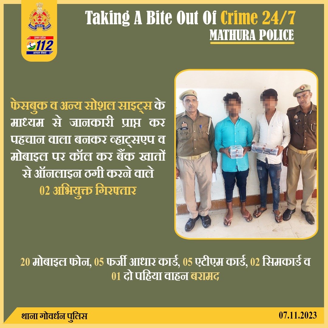 Uppolice's tweet image. Zero Tolerance Against Fraudsters-
फेसबुक व अन्य सोशल साइट्स के माध्यम से जानकारी प्राप्त कर पहचान वाला बनकर धोखाधड़ी करने वाले 02 अभियुक्तों को @mathurapolice द्वारा गिरफ्तार करते हुए उनके कब्जे से 20 मोबाइल, 05 फर्जी आधार कार्ड व 05 एटीएम कार्ड बरामद किये गए हैं।
#GoodWorkUPP