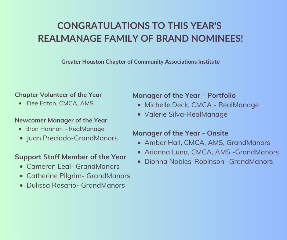 Congratulations to this year's CAI Greater Houston Chapter Award Nominees from the RealManage Family of Brands! 🏆
Award Gala Information: bit.ly/461EvDZ
#CAIAwardNominees #TheRMFamily #RMFOB #GrandManors #HOAmanagement #BoardMembers #CommunityManagers #Volunteers
