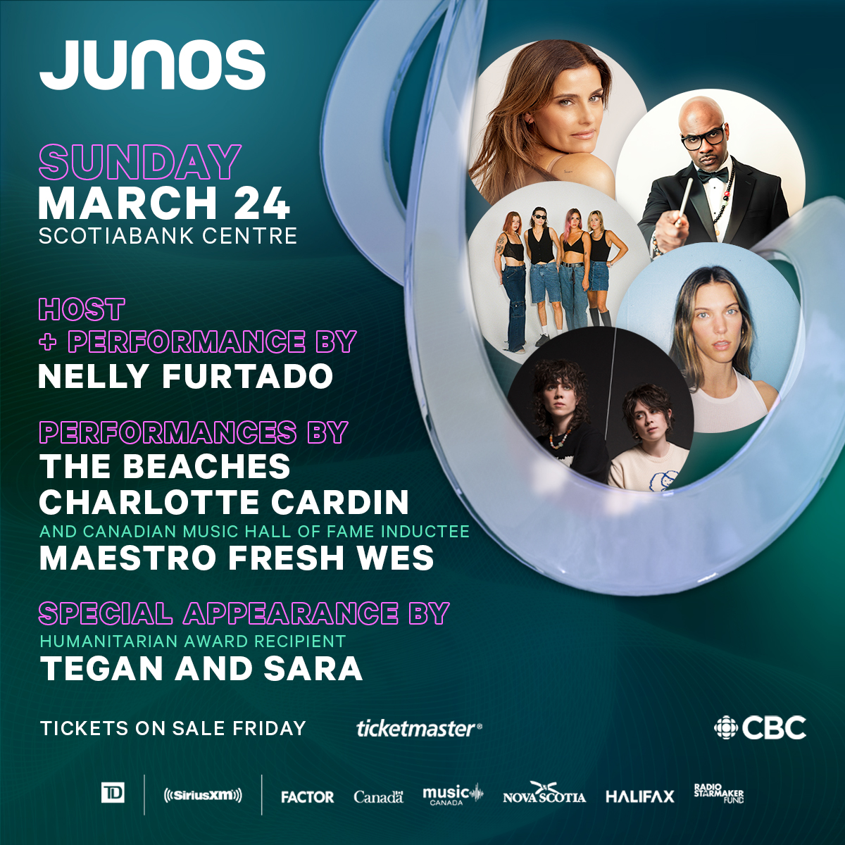 .@NellyFurtado hosts Canada’s Biggest Night in Music on March 24! Featuring performances by @thebeaches, @charlottecardin, @MaestroFreshWes, and @NellyFurtado. Join us live in #Halifax at Scotiabank Centre! Don’t miss out, tickets on sale Friday, November 10:…