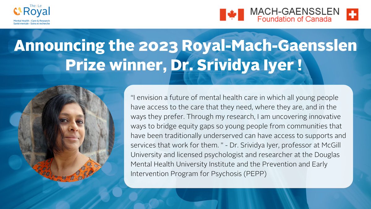 We are pleased to announce that Dr. Srividya Iyer of <a href="/mcgillu/">McGill University</a> and the Douglas Research Centre is the 2023 recipient of The Royal-Mach-Gaensslen Prize for Mental Health Research. 🎉

ℹ️ Learn more about Dr. Iyer’s research: bit.ly/40uaiwo

<a href="/ACCESS_OM/">ACCESS Open Minds</a>