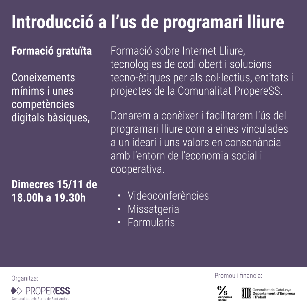 properess's tweet photo. 🧑🏽‍💻 Formació #TIC sobre Eines Digitals de la #Comunalitat!

Internet Lliure, tecnologies de codi obert i solucions tecno-ètiques per als col·lectius, entitats i projectes de #ProperESS!

📆 15/11, 18.00 h a l'@ateneuharmonia.
Inscripcions a l'enllaç: https://t.co/XV4nuFUKw8 https://t.co/Als8XGvsYR