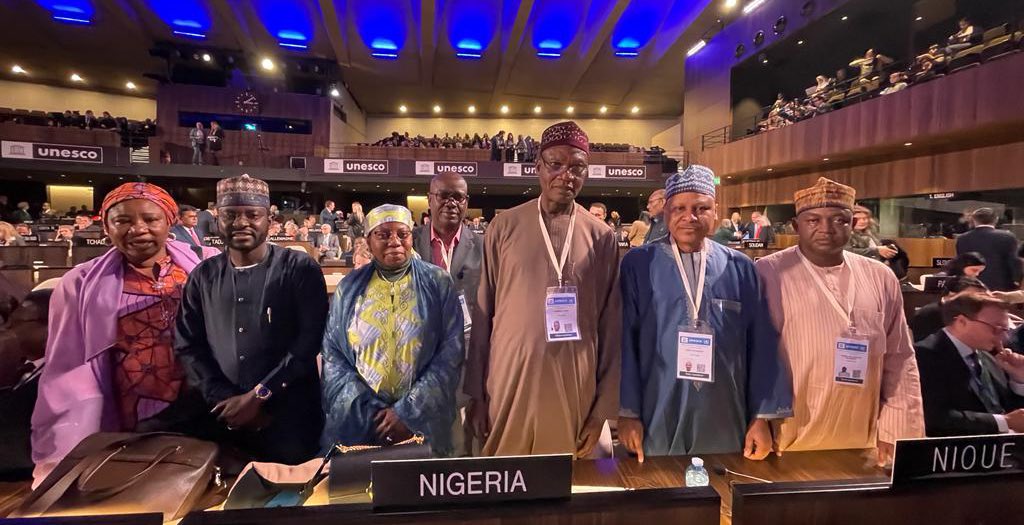 Attending the 42nd Session of the @UNESCO General Conference, in Paris. With the Ambassador, Permanent Delegate of Nigeria to UNESCO, Dr. Hajo Sani; my colleague, the Hon. Minister of Education, Prof. Tahir Mamman, and other @NigeriaGov officials, this afternoon. 
#unescoGC