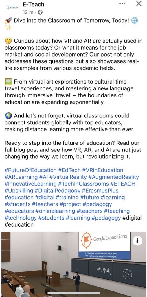 eteach_eu's tweet photo. 🚀 Dive into the Classroom of Tomorrow, Today! 🌐✨

🤔 Curious about how VR and AR are actually used in classrooms today? Or what it means for the job market and social development? Check out the post below👇

https://t.co/vZqG2V8qKR https://t.co/XW0RoJ7kCU
