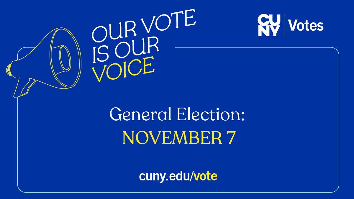 📣It's Election Day!  Who will be your next City Council Member? District Attorney? or Civil Court Judge? Have your say today.  GO VOTE!  Polls open until 9pm.  Find poll site and view who is on your ballot at: findmypollsite.vote.nyc.

#CUNYVotes