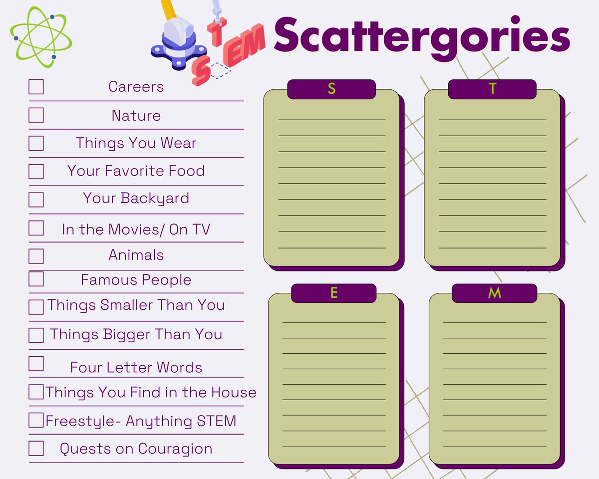 Who doesn't like a good game of Scattergories? We've made our own STEM version for you to use in the classroom for fun learning this fall. Download this graphic, print it out, or use it on the computer. Have fun! ow.ly/o7I350Q3GUQ

 #STEMGames #Scattergories #STEMEducation